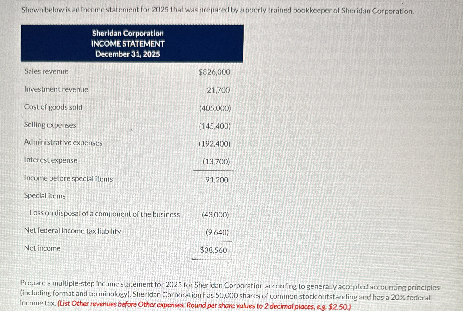 Shown below is an income statement for 2 0 2 5