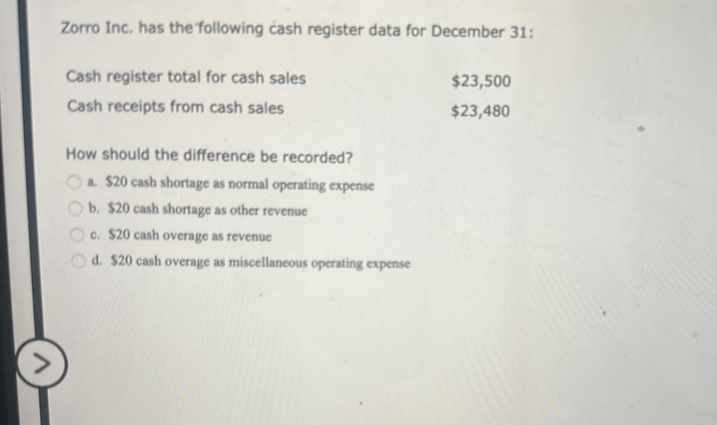 Zorro Inc. has the following cash register data