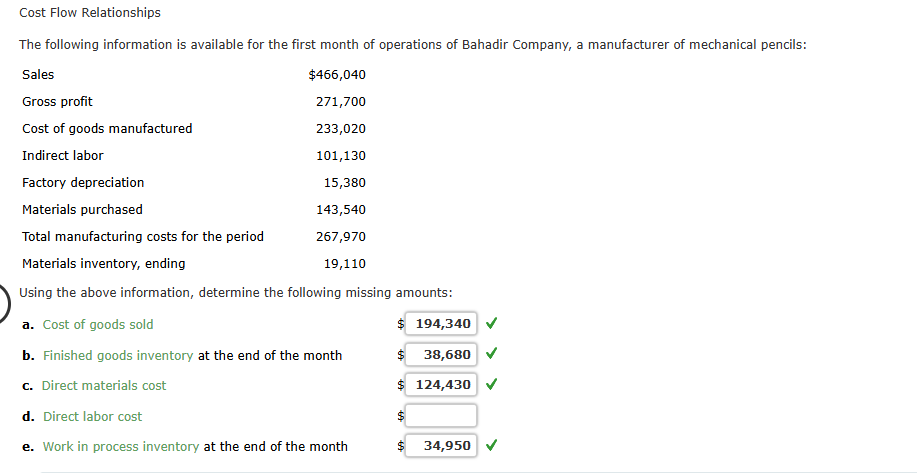 Cost Flow Relationships The following information