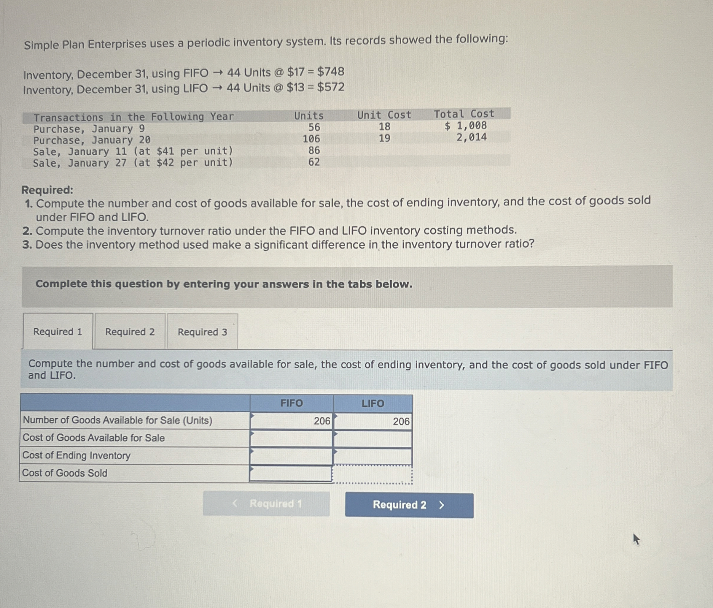 Simple Plan Enterprises uses a periodic inventory