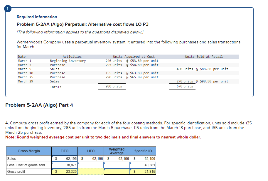 Required information Problem 5 - 2 AA ( Algo )