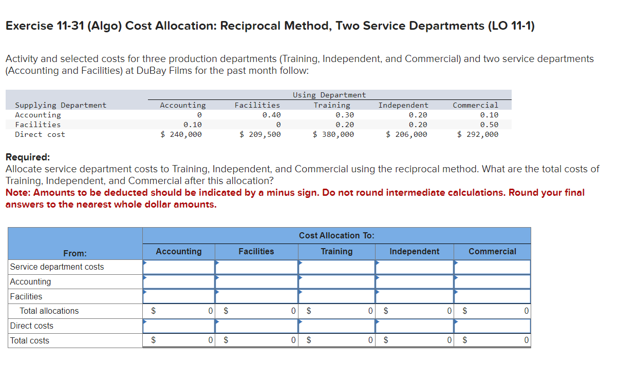 Exercise 1 1 - 3 1 ( Algo ) Cost Allocation: