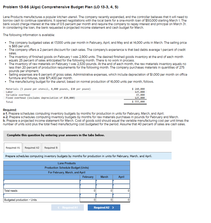 Problem 1 3 - 6 6 ( Algo ) Comprehensive Budget