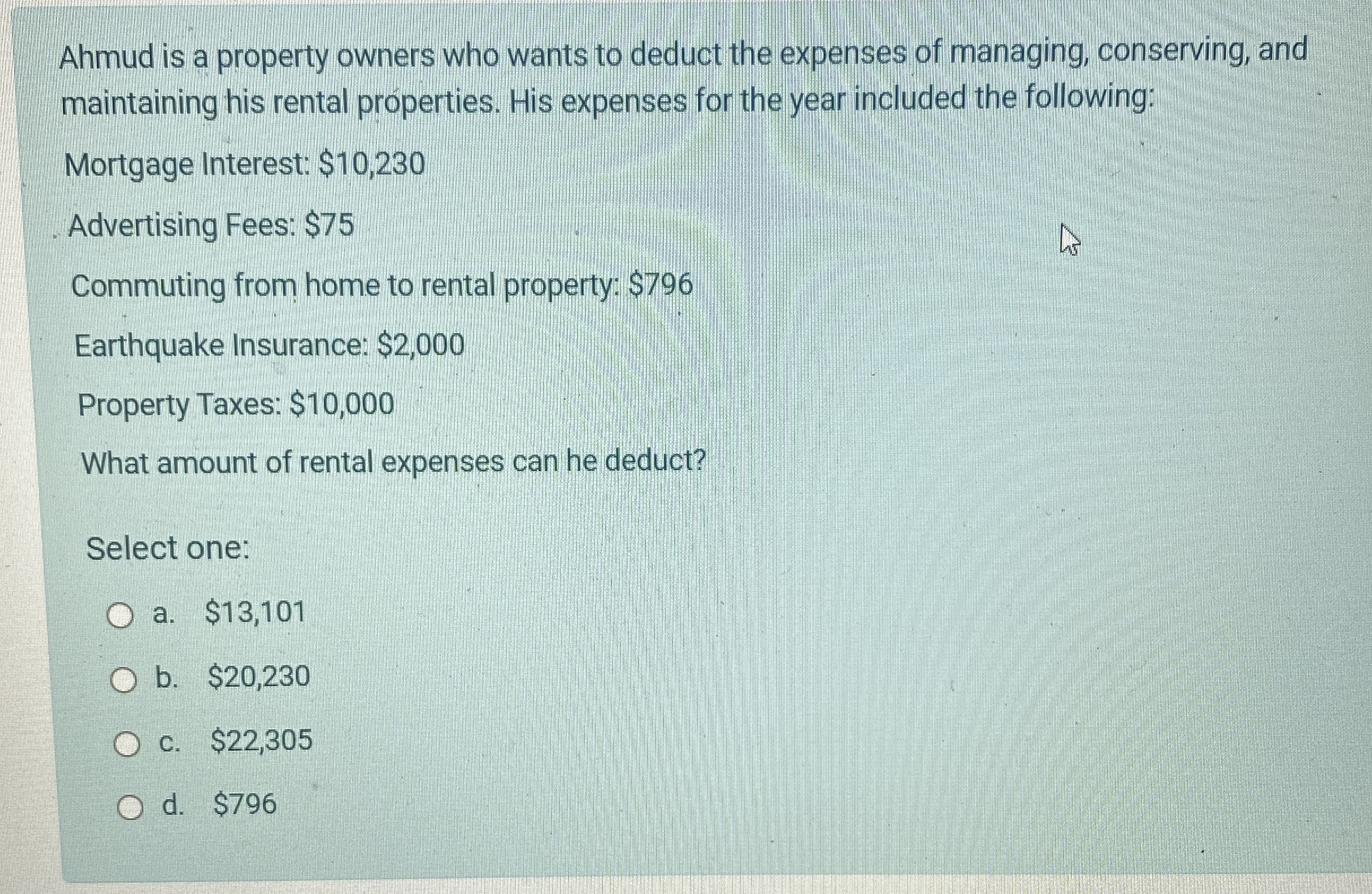 Ahmud is a property owners who wants to deduct