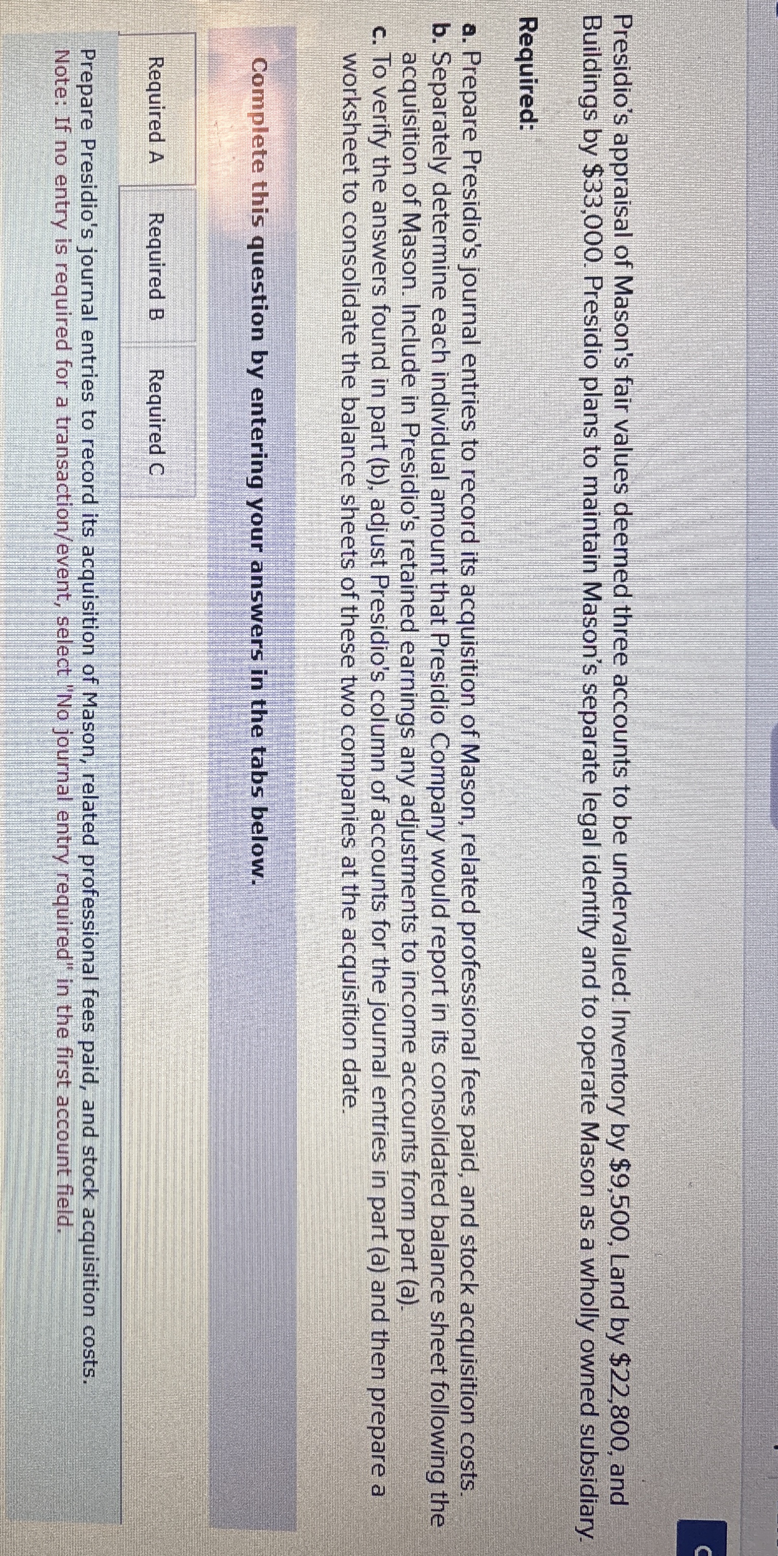 Presidio's appraisal of Mason's fair values