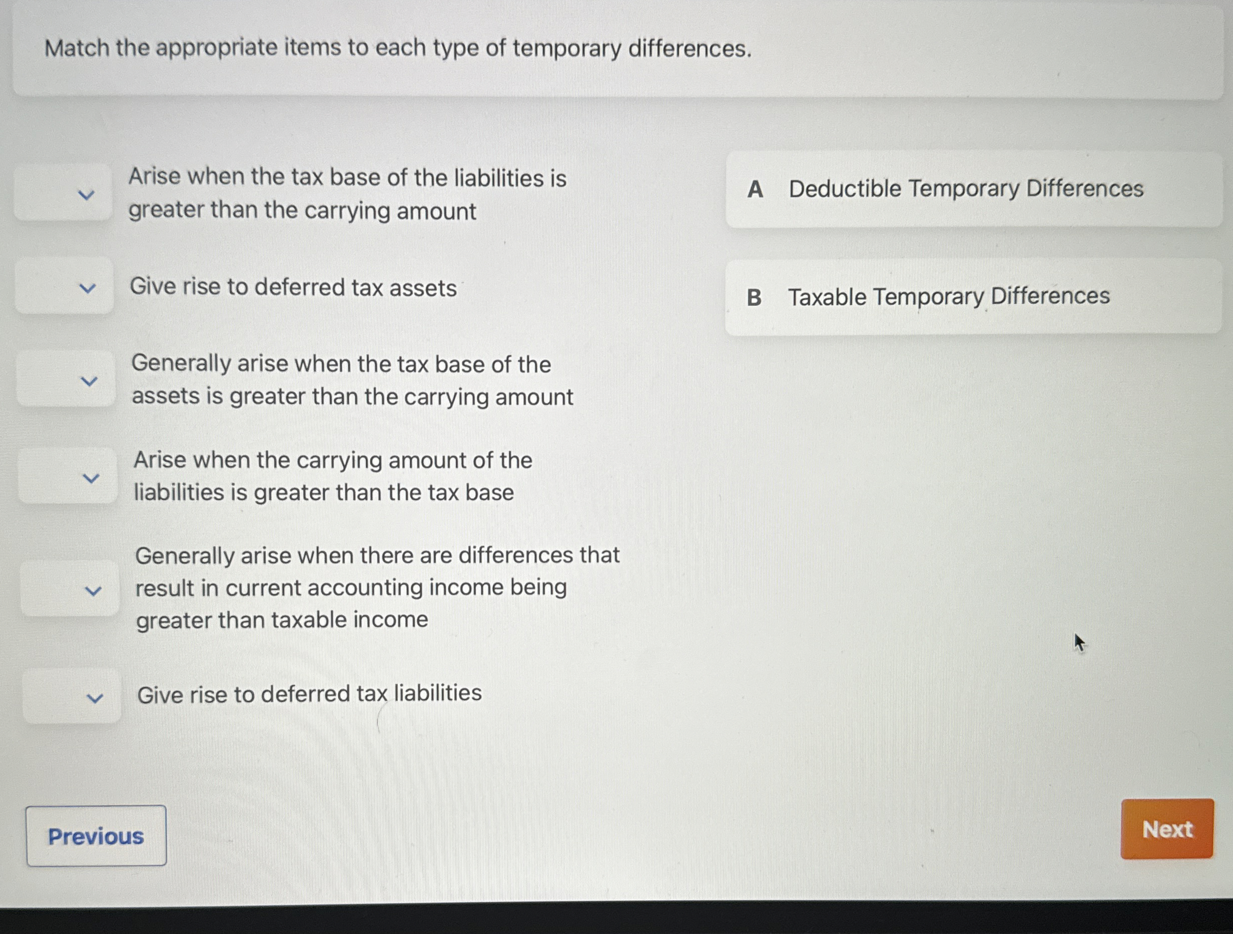 Match the appropriate items to each type of