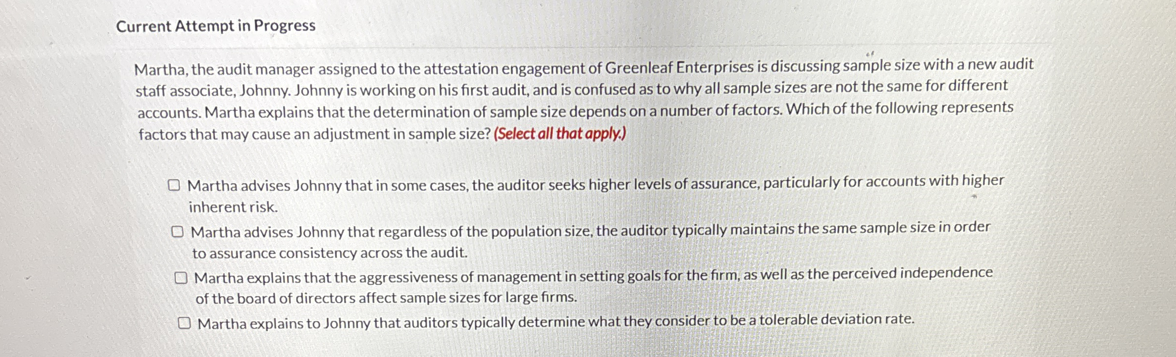 Current Attempt in Progress Martha, the audit