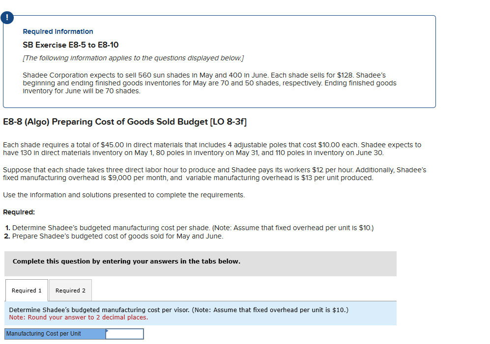 Required Information SB Exercise E 8 - 5 to E 8 -