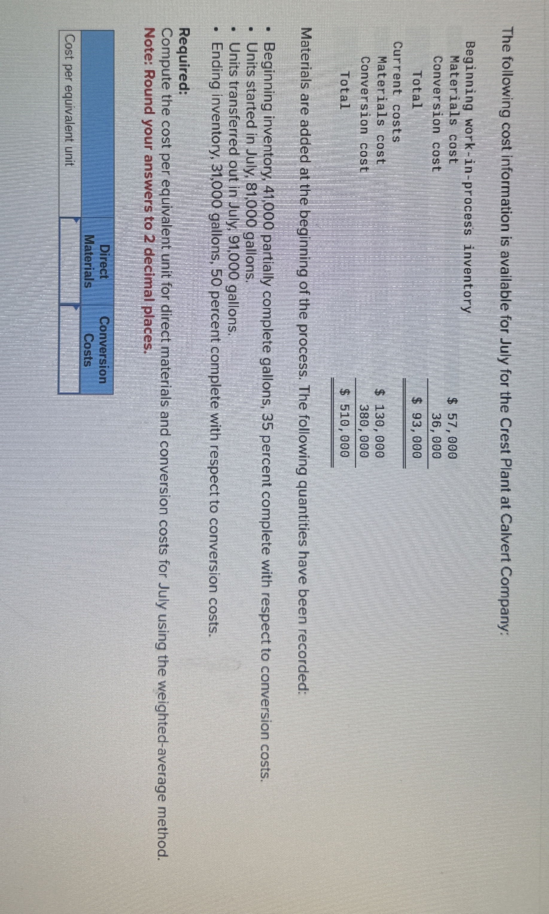 The following cost information is available for