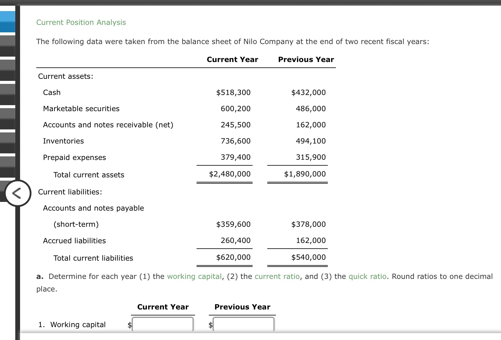 Current Position Analysis The following data were
