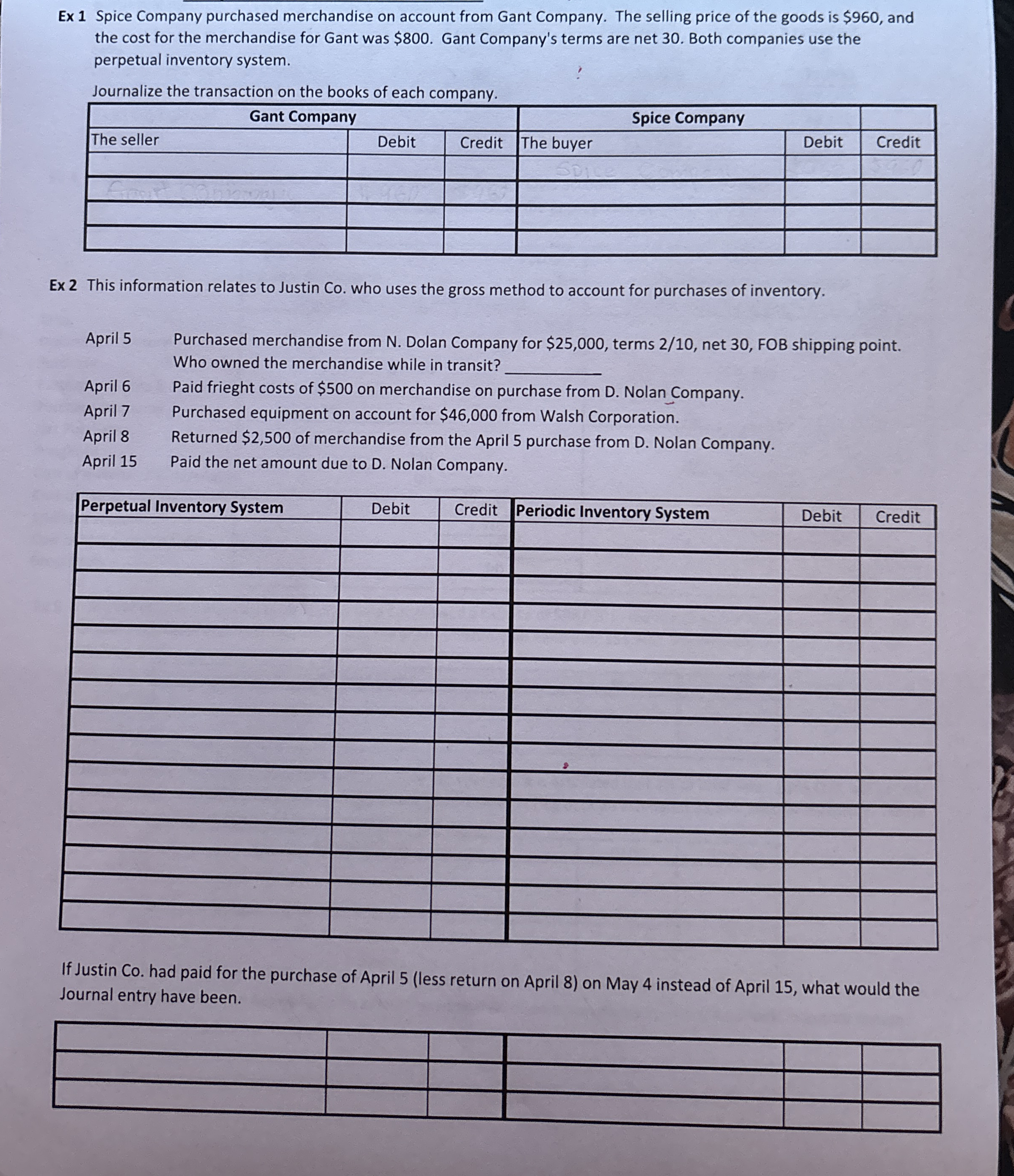 Ex 1 Spice Company purchased merchandise on