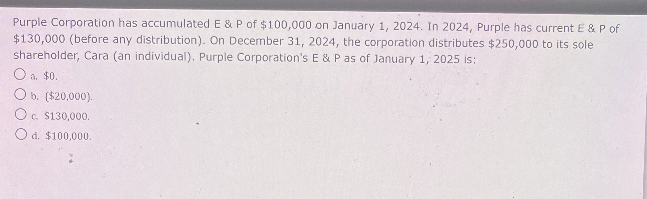 Purple Corporation has accumulated E & P of $ 1 0