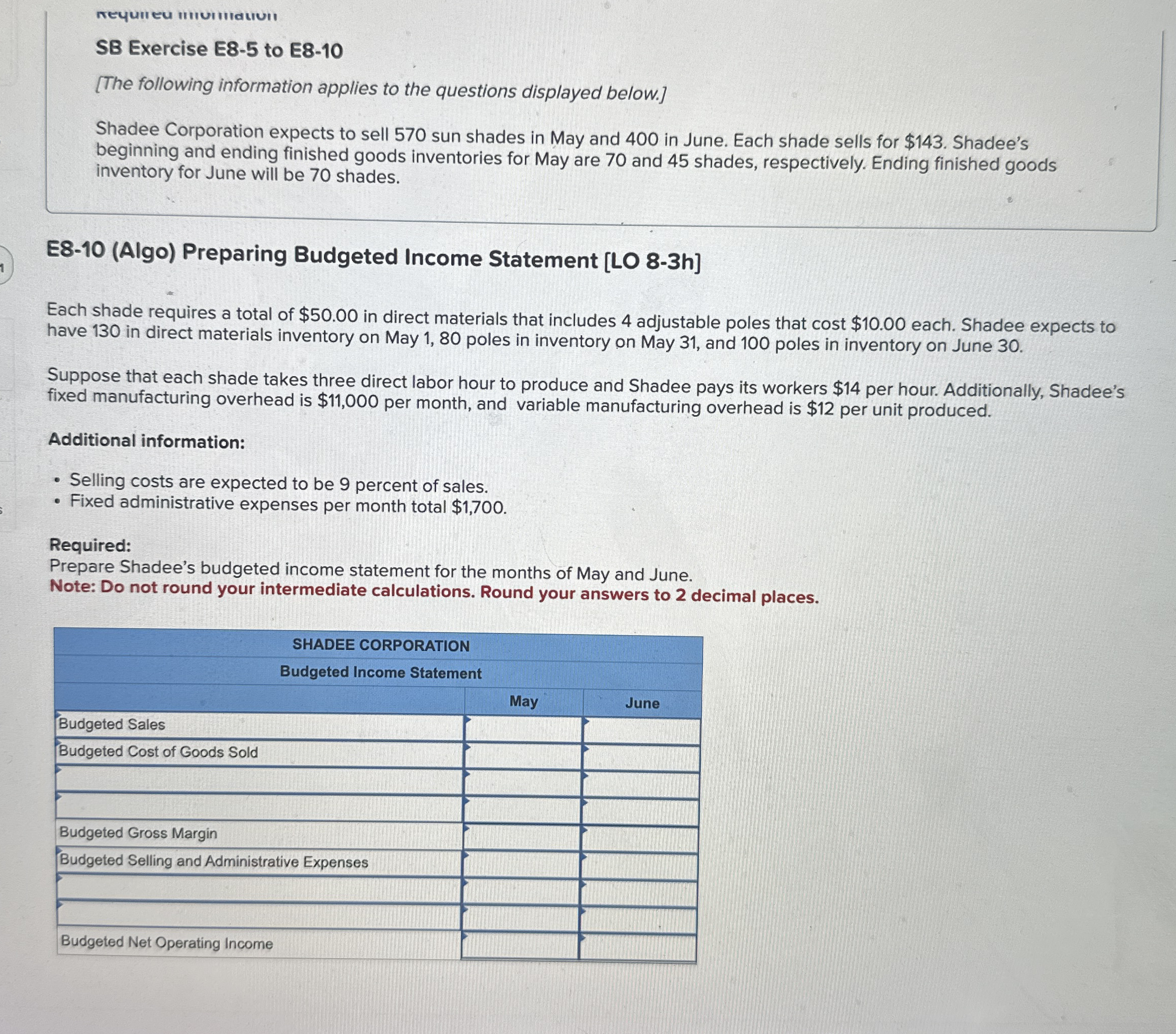 SB Exercise E 8 - 5 to E 8 - 1 0 [ The following