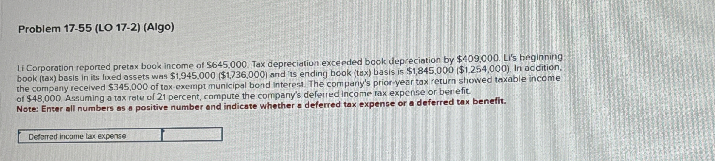 Problem 1 7 - 5 5 ( LO 1 7 - 2 ) ( Algo ) Li