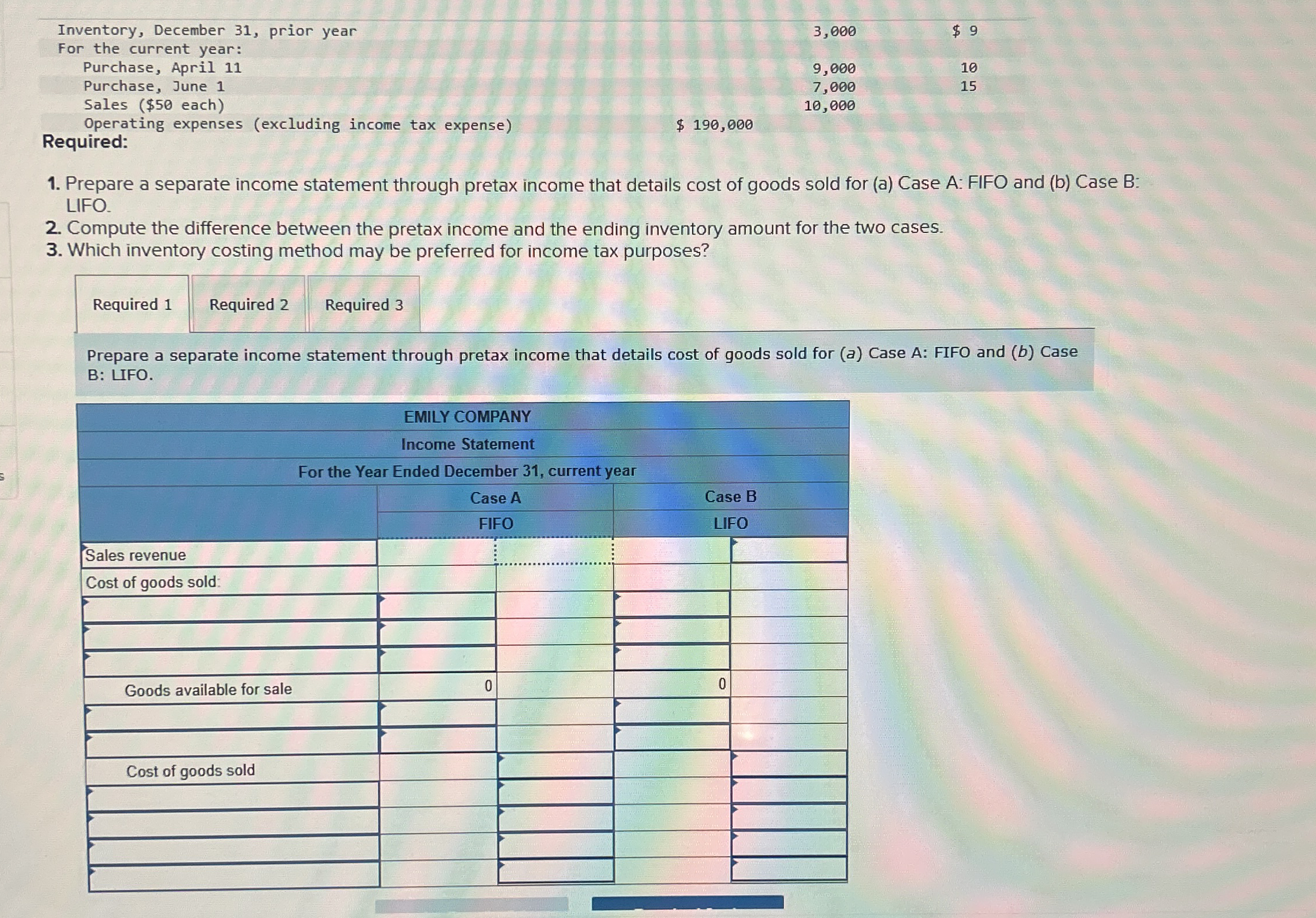 Inventory, December 3 1 , prior year For the