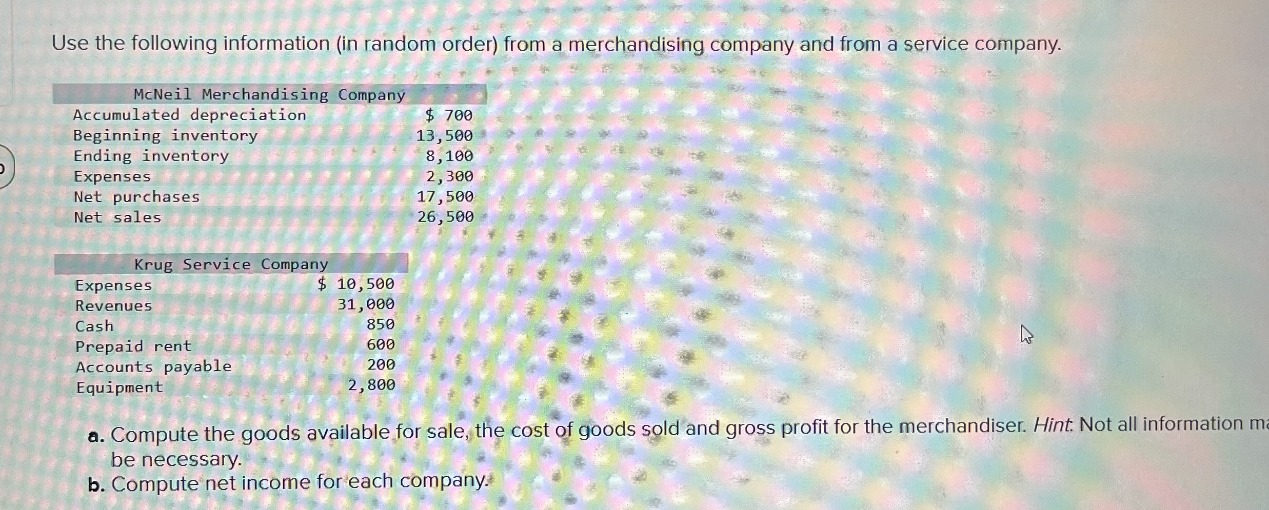 Use the following information ( in random order )