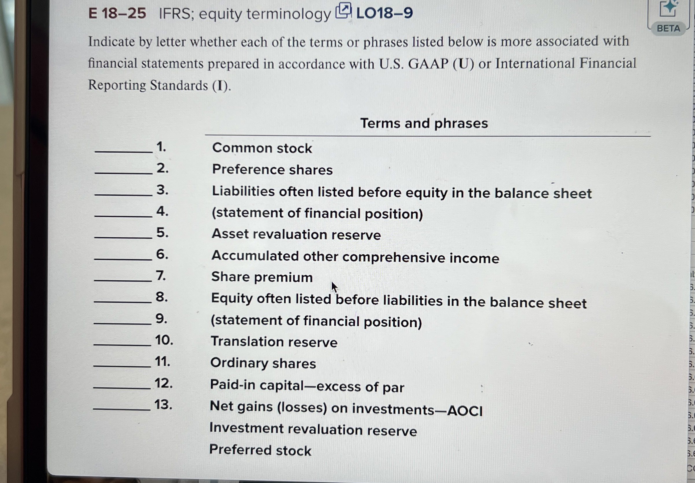 E 1 8 - 2 5 IFRS; equity terminology Indicate by