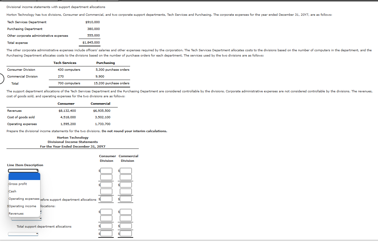 Divisional income statements with support