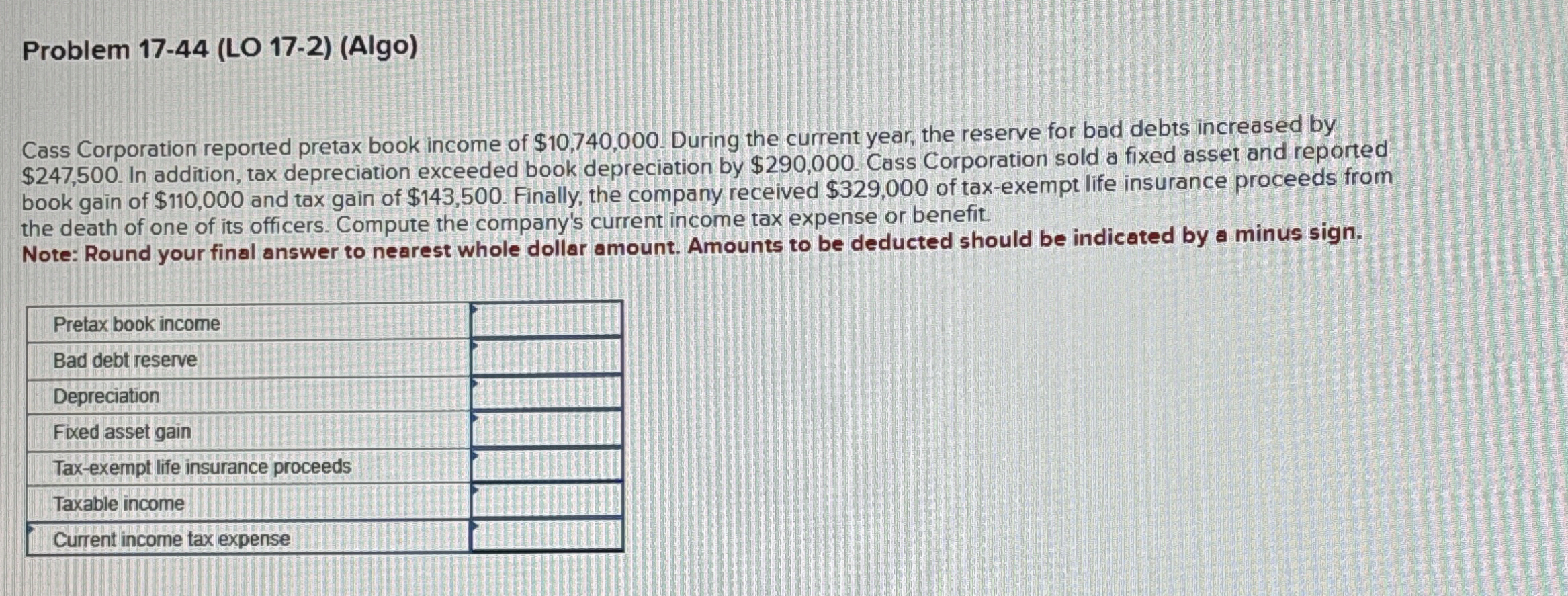 Problem 1 7 - 4 4 ( LO 1 7 - 2 ) ( Algo ) Cass