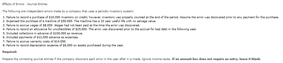 Effects of Errors - Journal Entries The following