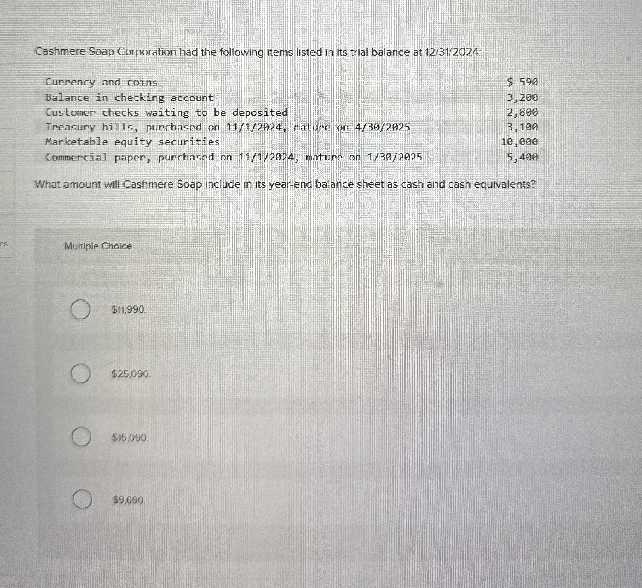 Cashmere Soap Corporation had the following items