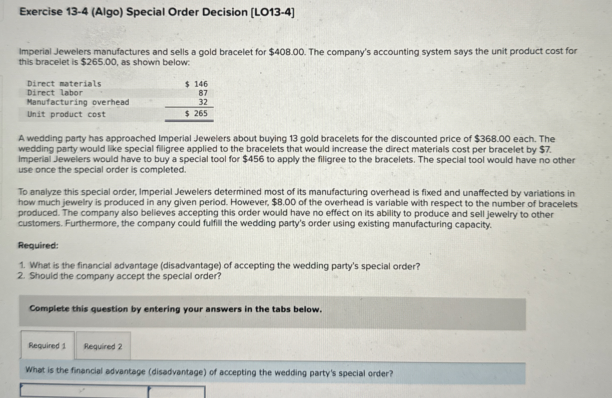Exercise 1 3 - 4 ( Algo ) Special Order Decision