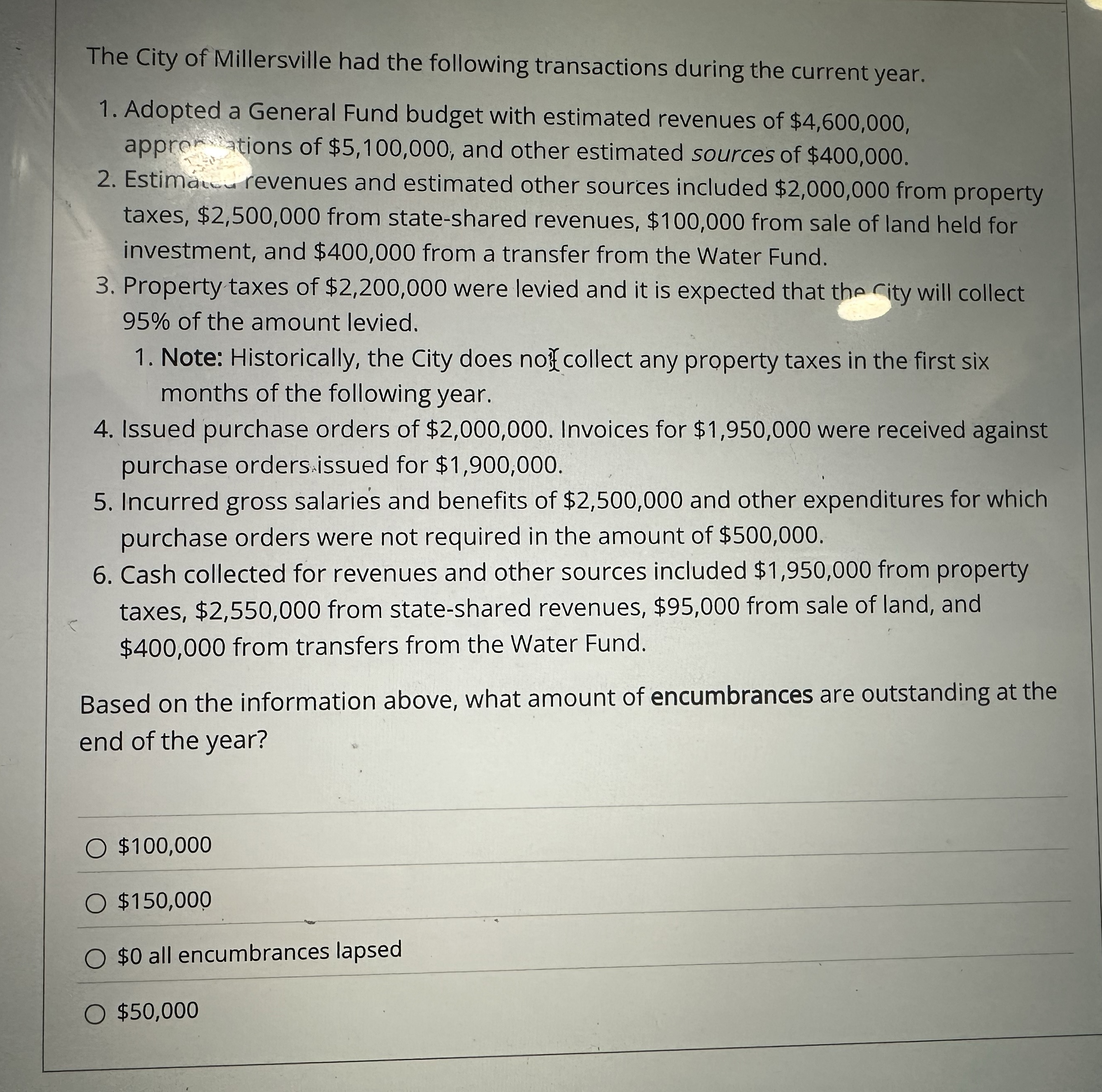 The City of Millersville had the following