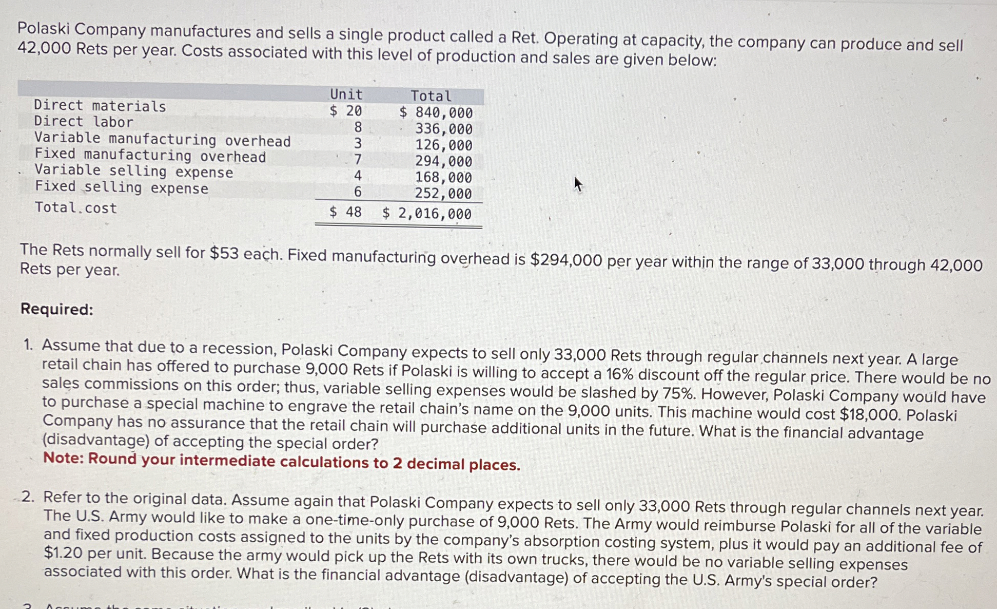 Polaski Company manufactures and sells a single