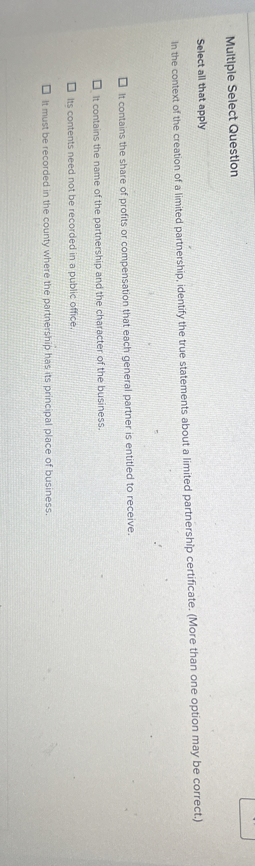 Multiple Select Question Select all that apply In