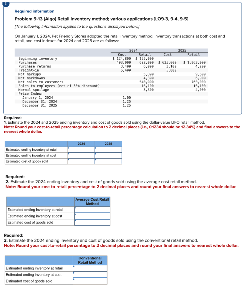 Required information Problem 9 - 1 3 ( Algo )