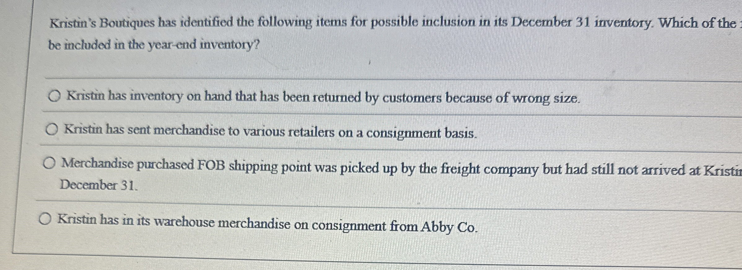 Kristim's Boutiques has identified the following