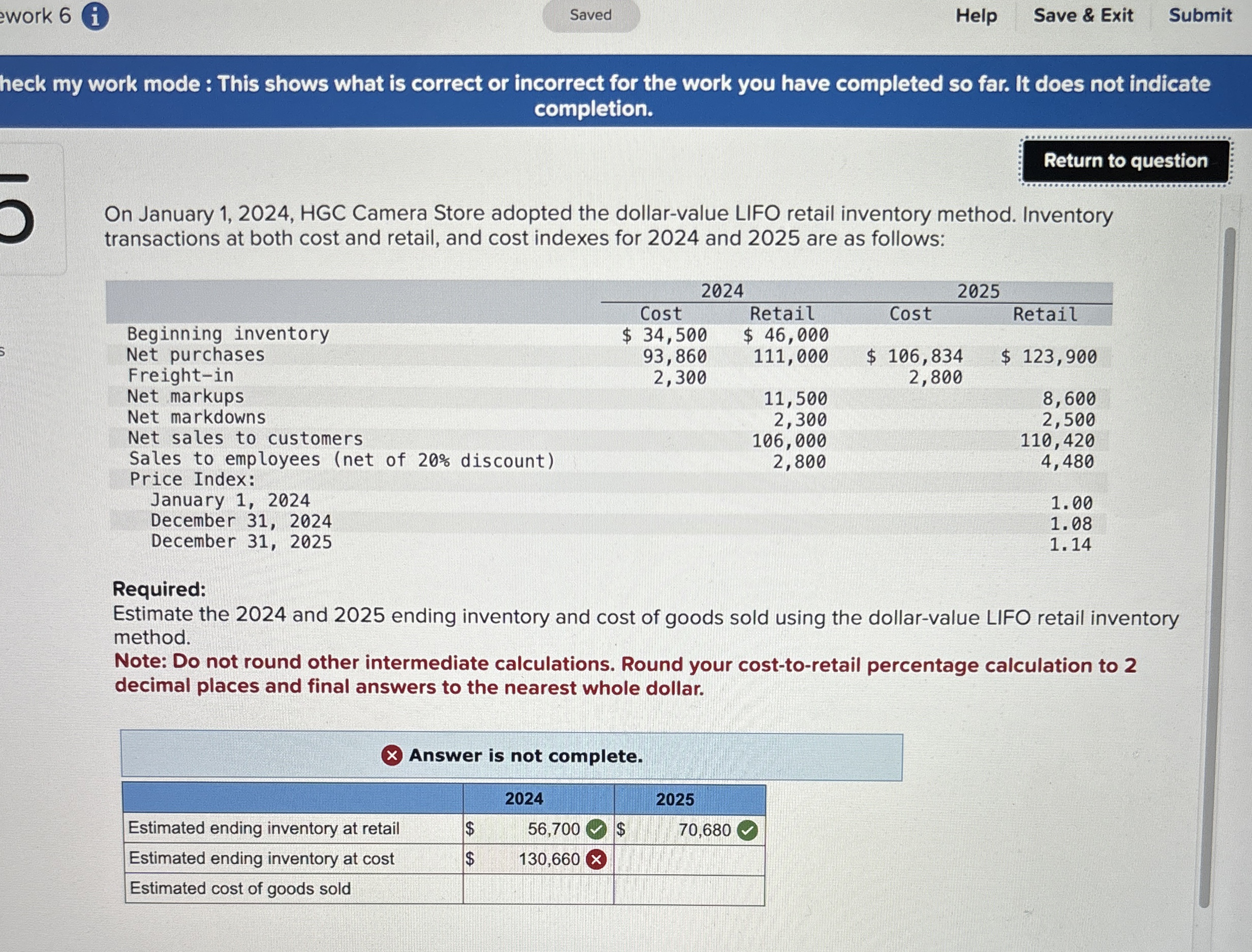 work 6 Saved Help Save & Exit Submit heck my work