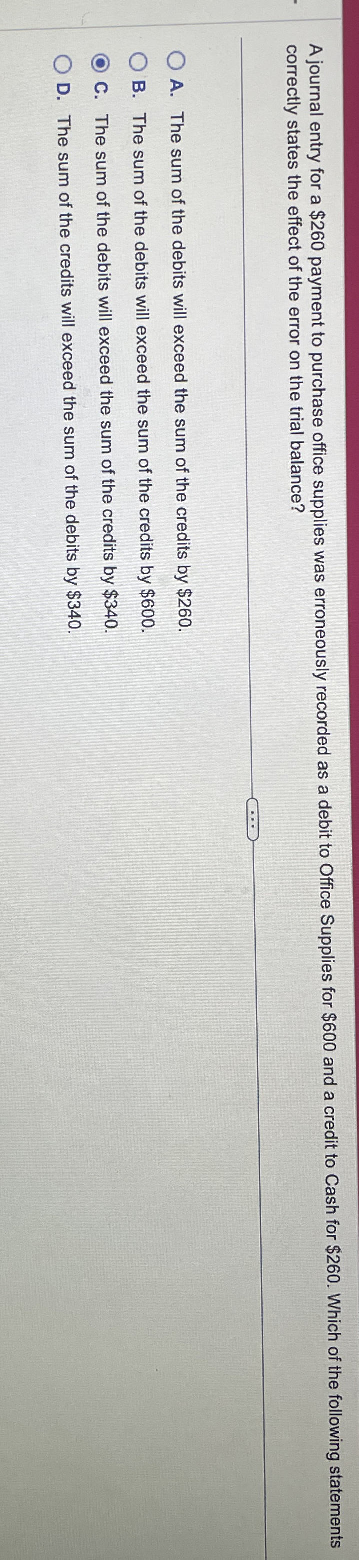 A journal entry for a $ 2 6 0 payment to purchase