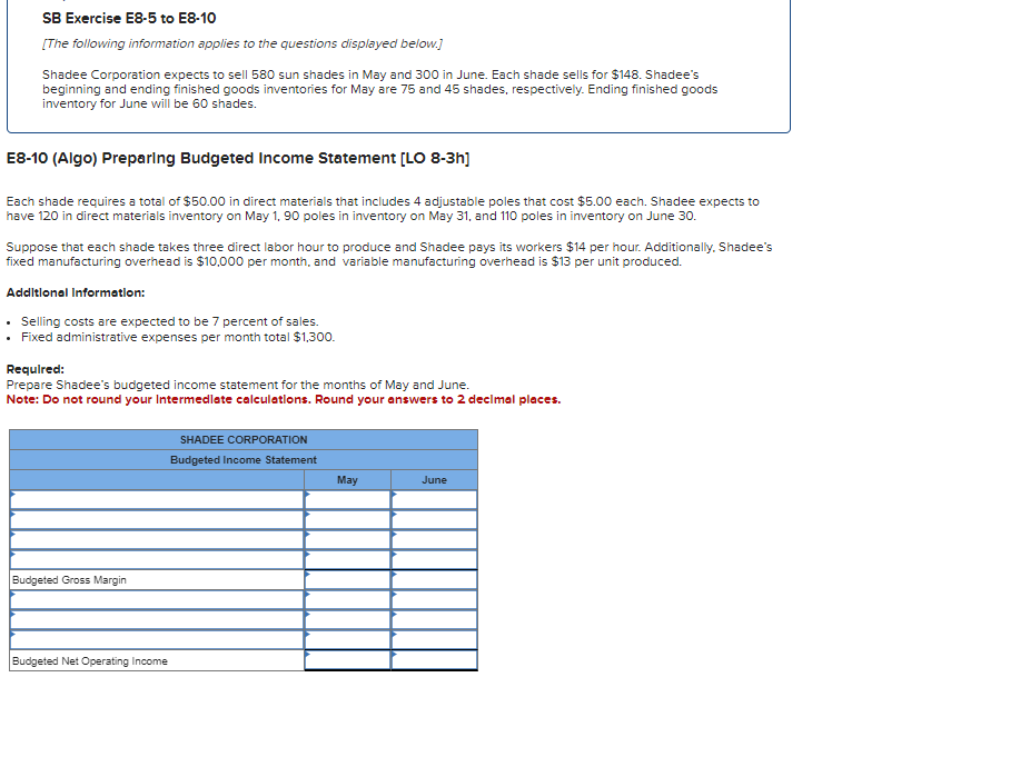SB Exercise E 8 - 5 to E 8 - 1 0 [ The following