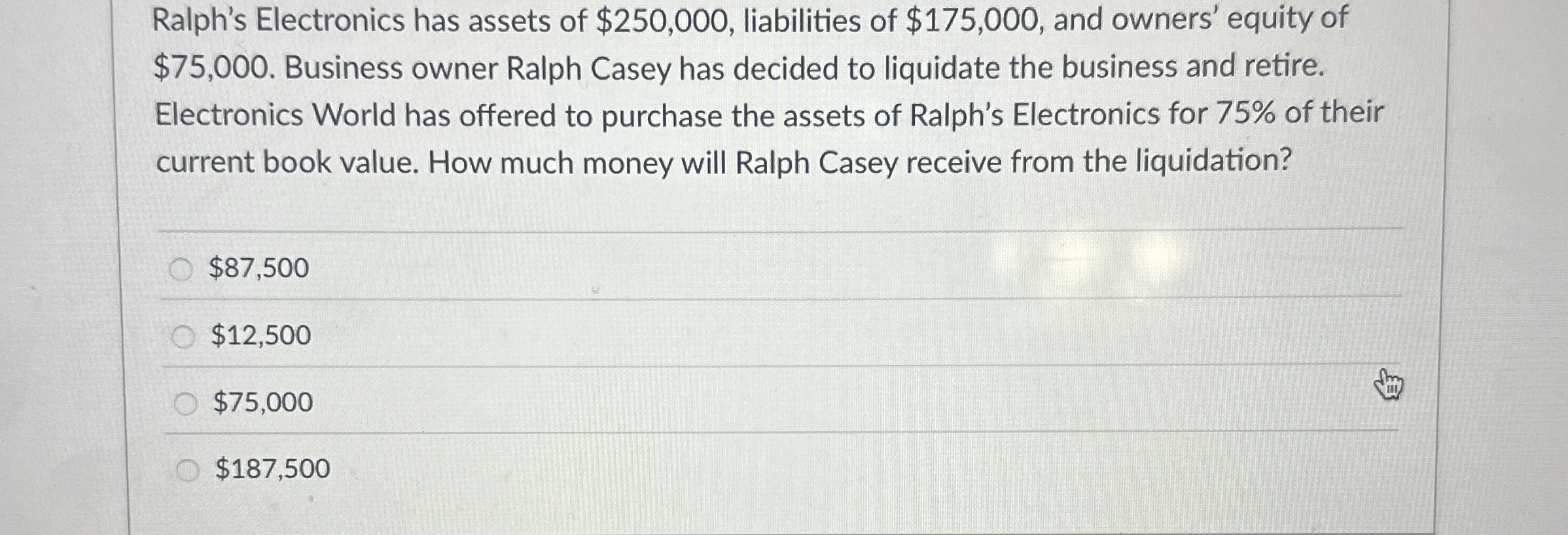 Ralph's Electronics has assets of $ 2 5 0 , 0 0 0