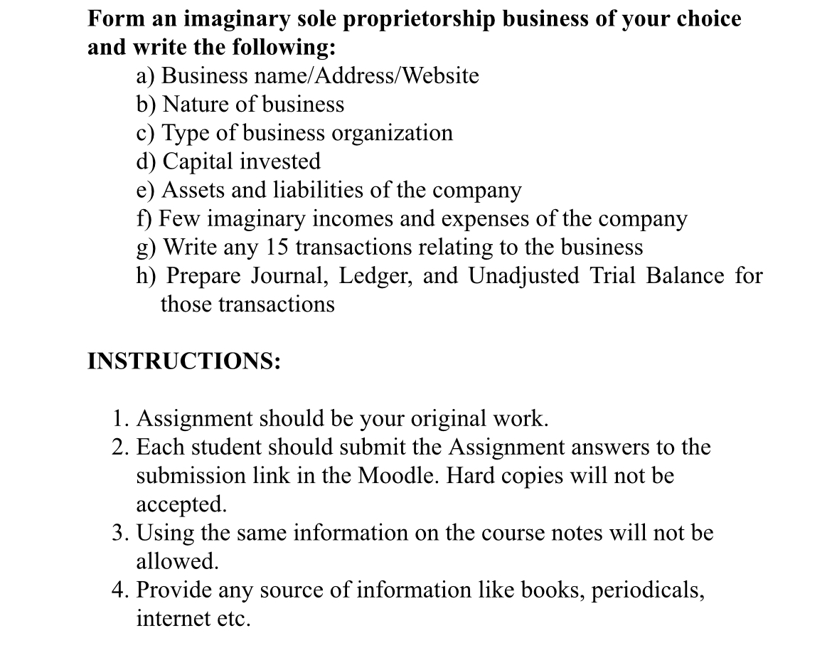 Form an imaginary sole proprietorship business of