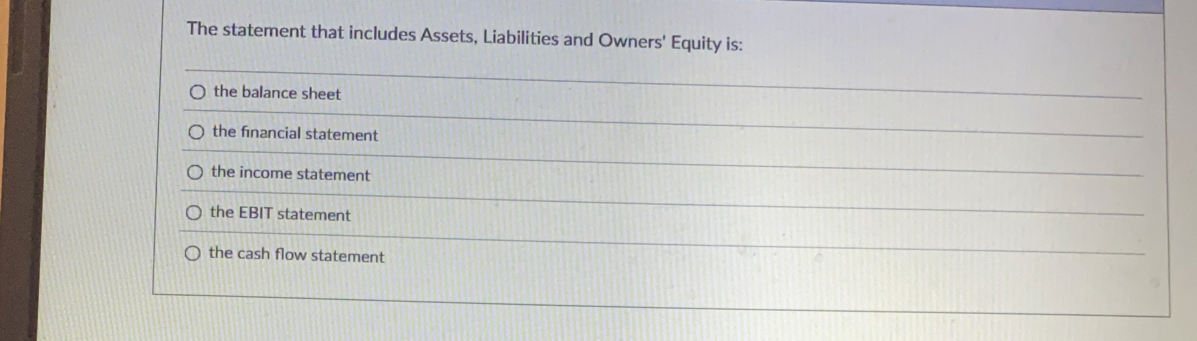 The statement that includes Assets, Liabilities