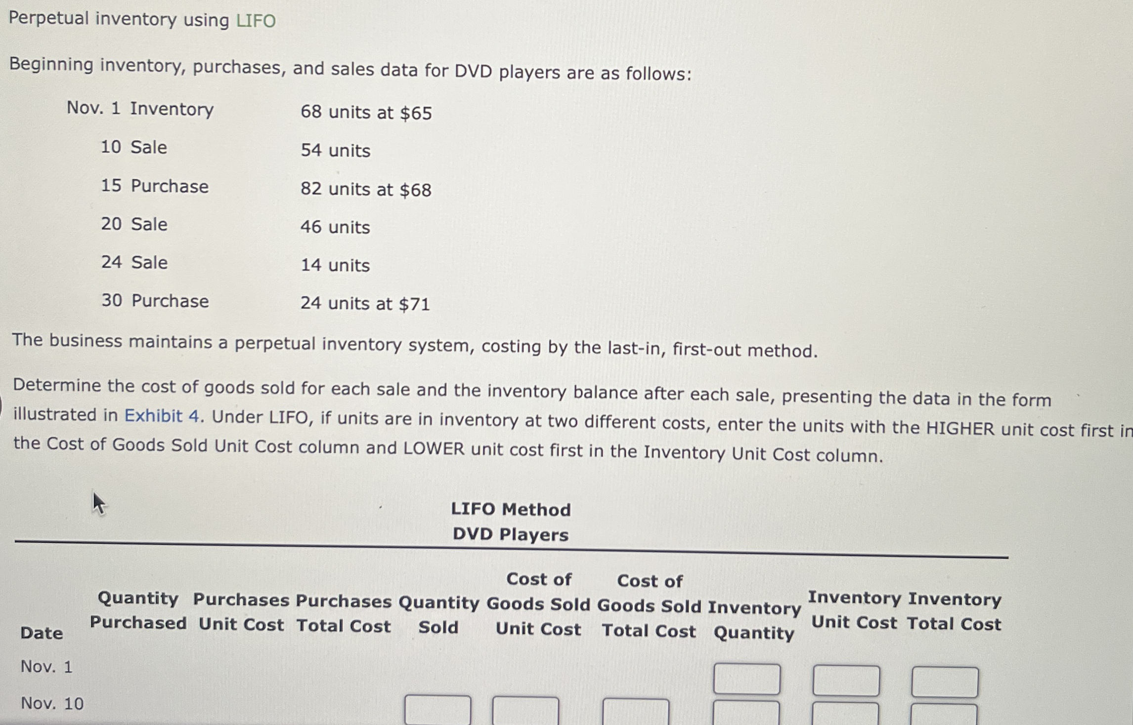 Perpetual inventory using LIFO Beginning