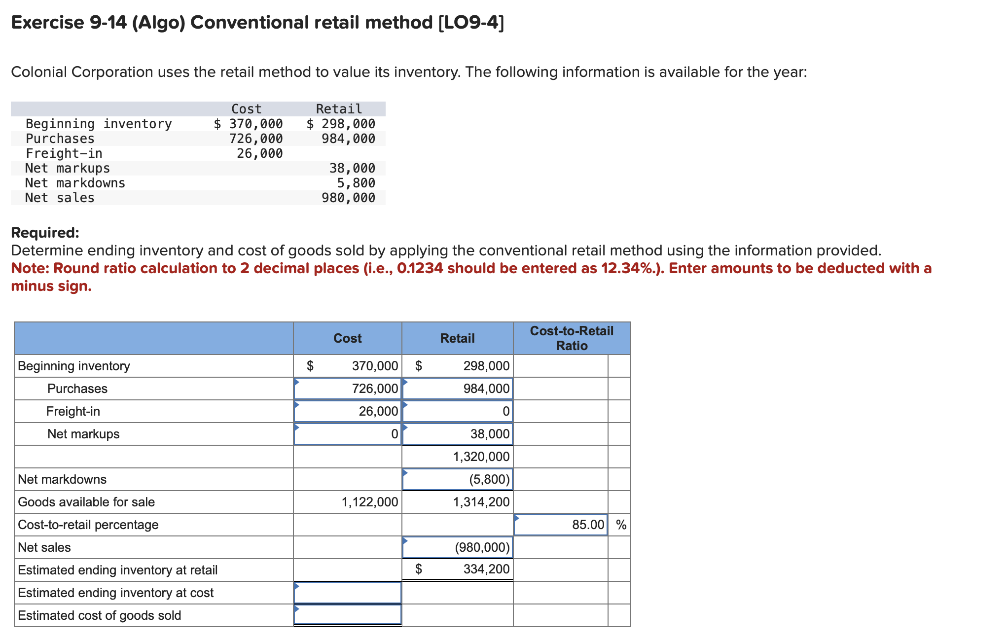 Exercise 9 - 1 4 ( Algo ) Conventional retail