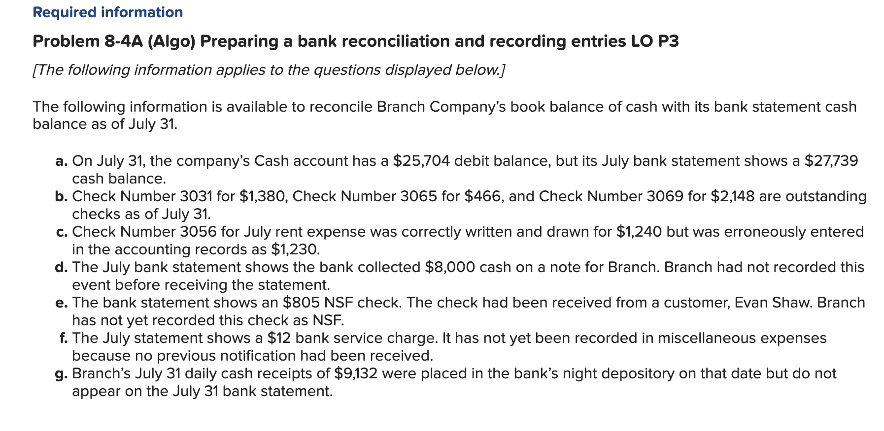 Required information Problem 8 - 4 A ( Algo )