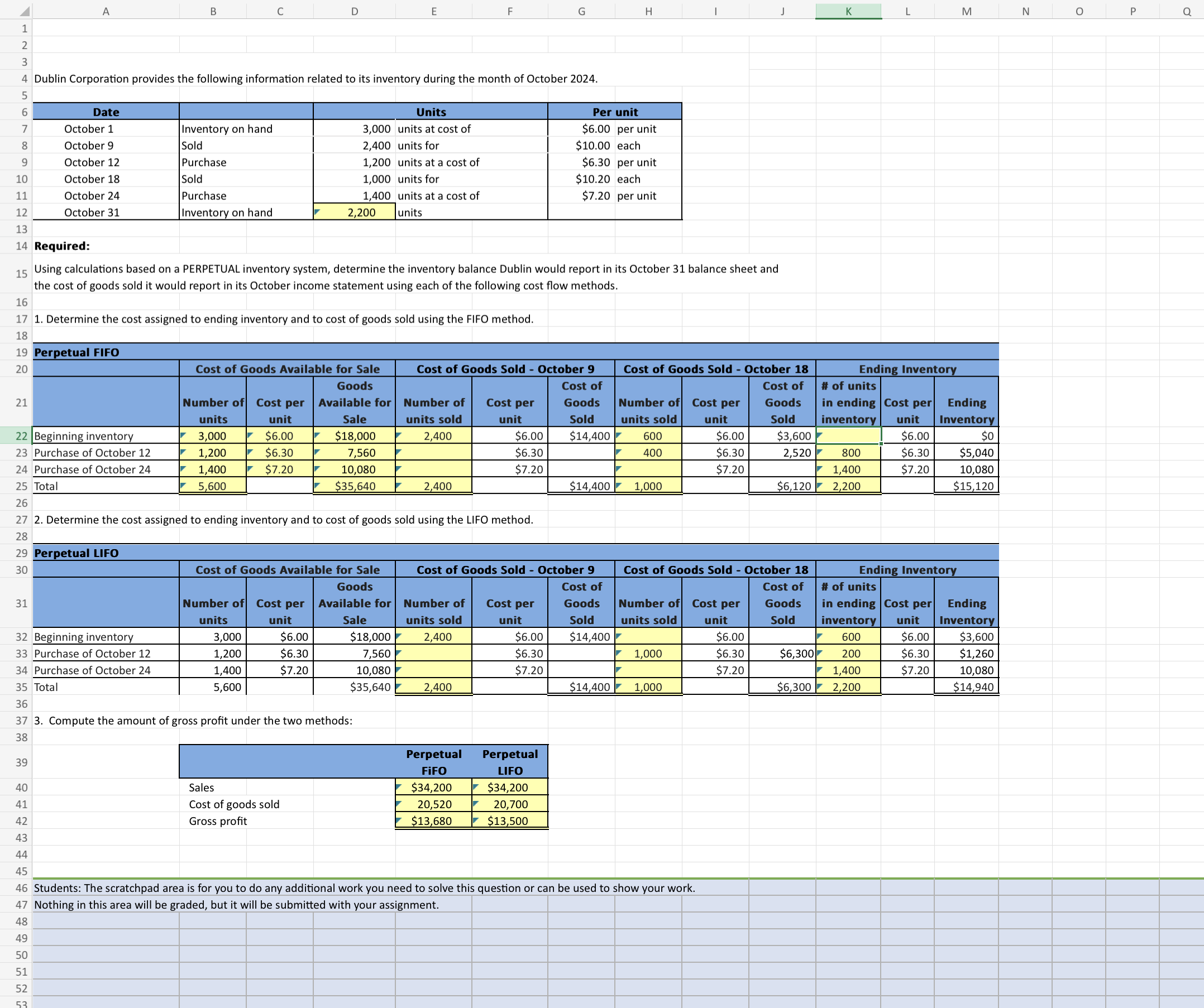 Please help me fill out this table IN EXCEL, not