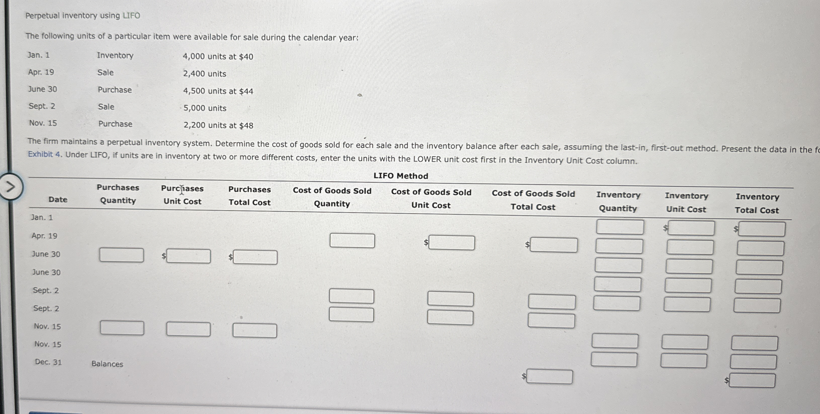 Perpetual inventory using LIFO The following