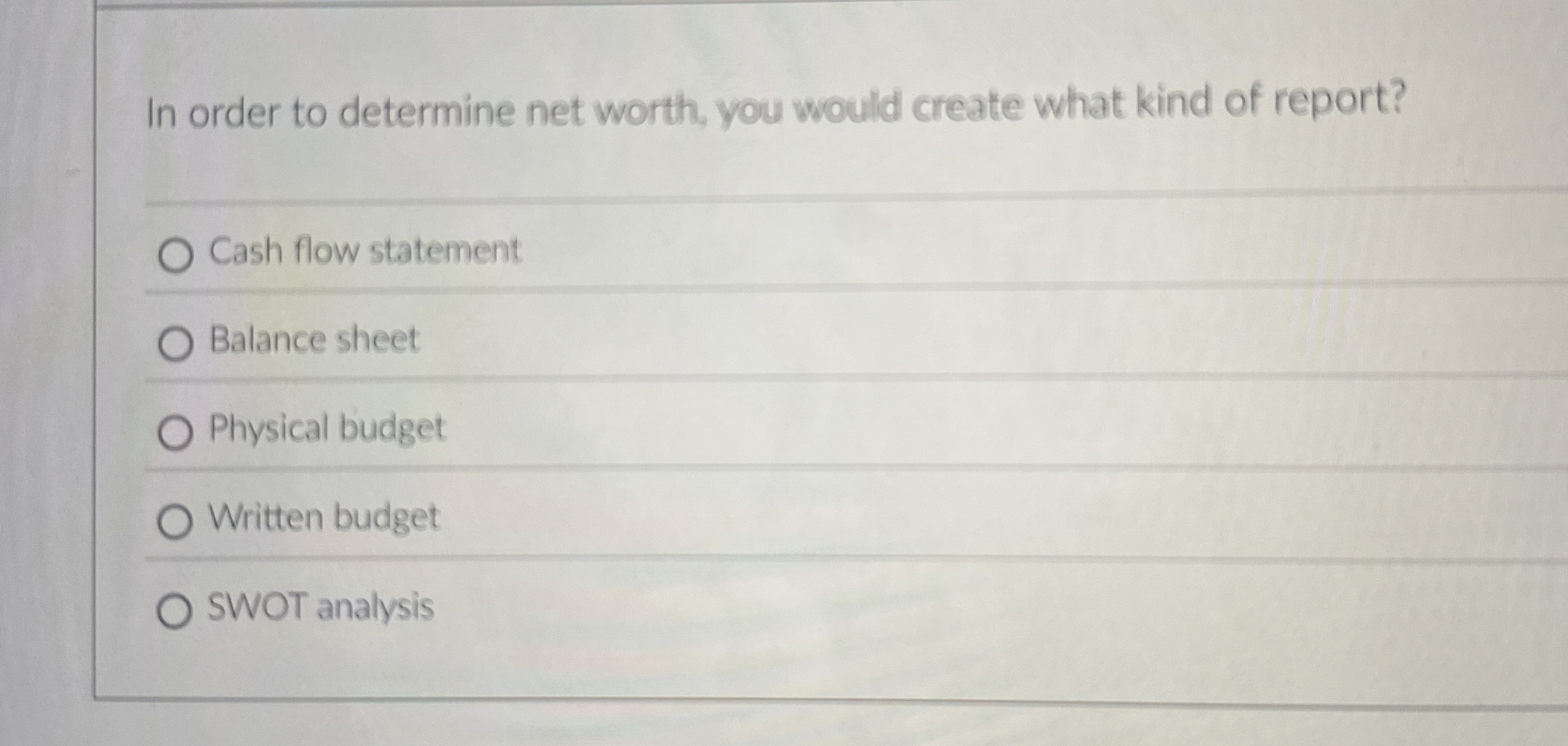 In order to determine net worth, you would create
