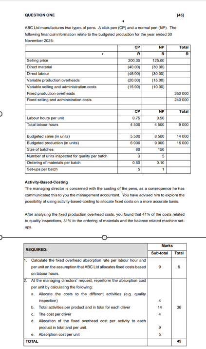 QUESTION ONE [ 4 5 ] ABC Lid manufactures two