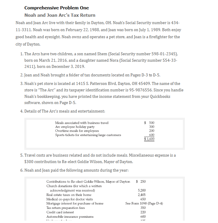 Comprehensive Problem One Noah and Joan Arc's Tax