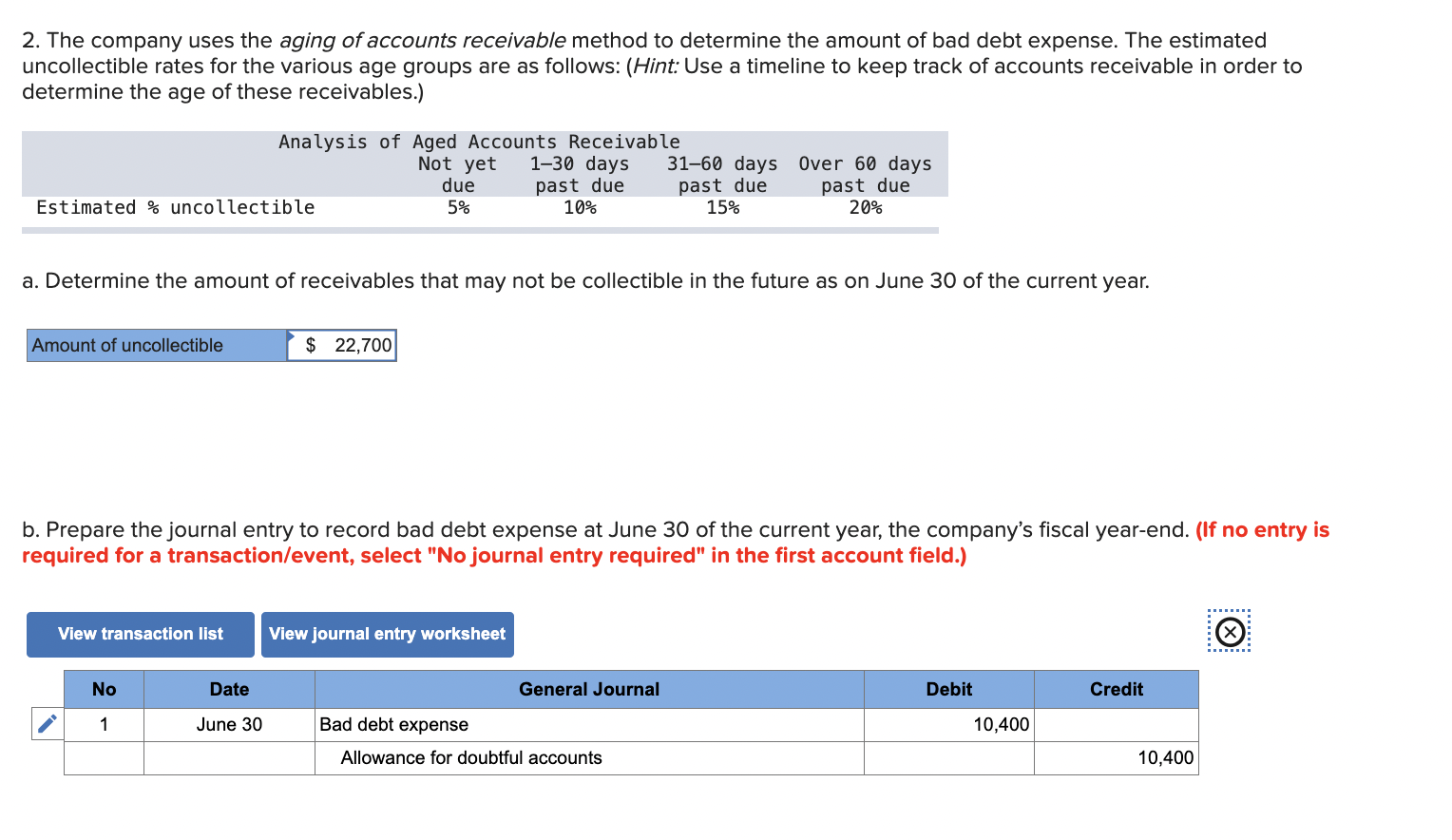 2 . The company uses the aging of accounts
