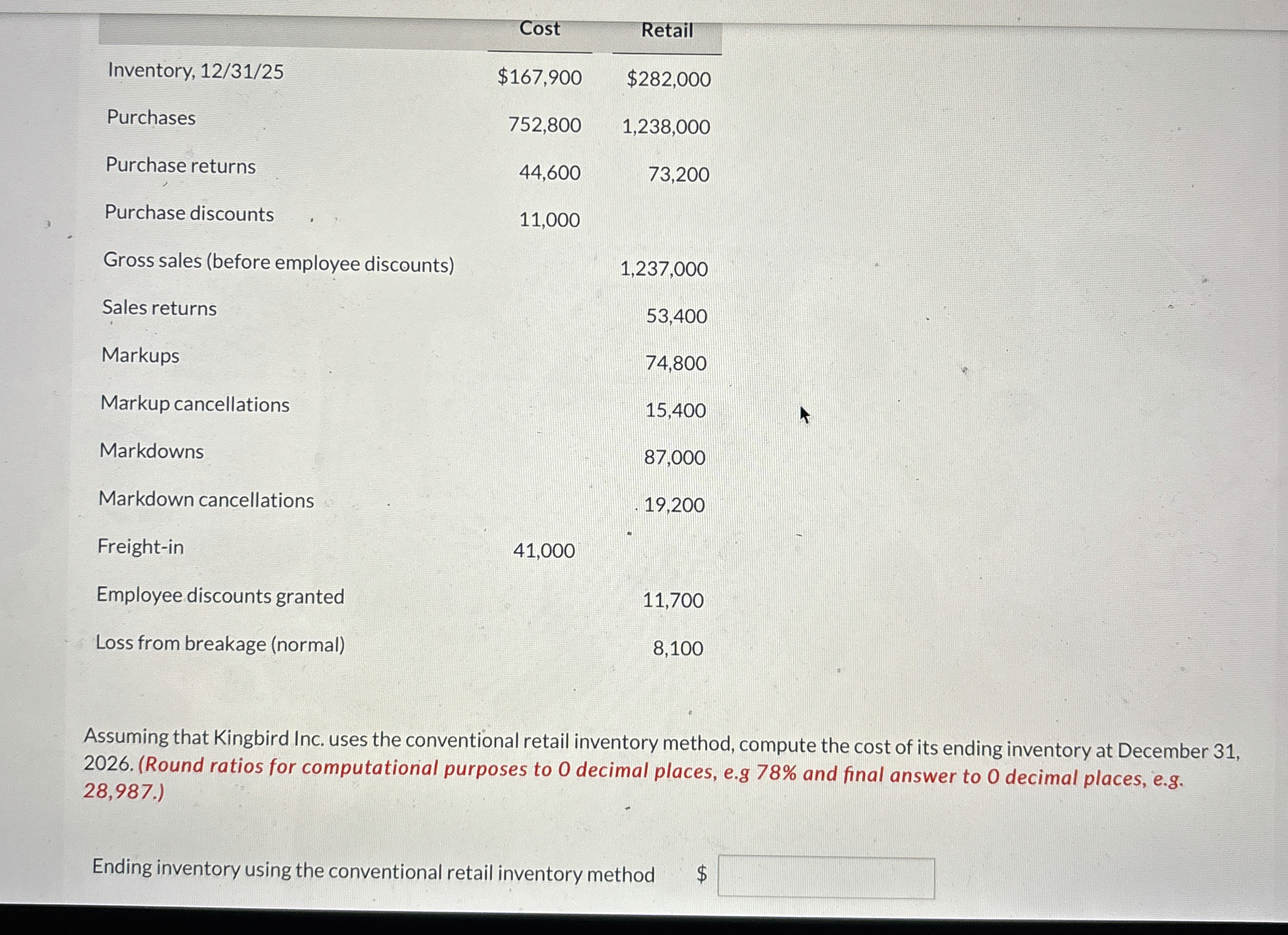\ table [ [ , Cost,Retail ] , [ Inventory , 1 2 /