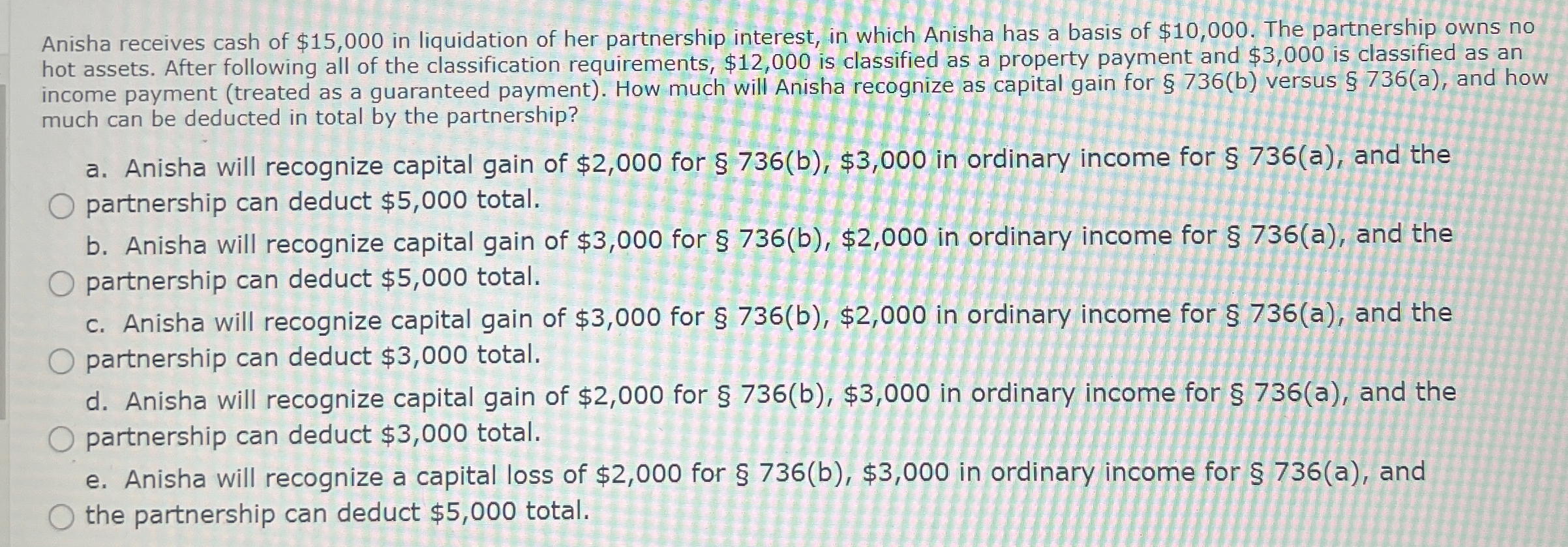 Anisha receives cash of $ 1 5 , 0 0 0 in