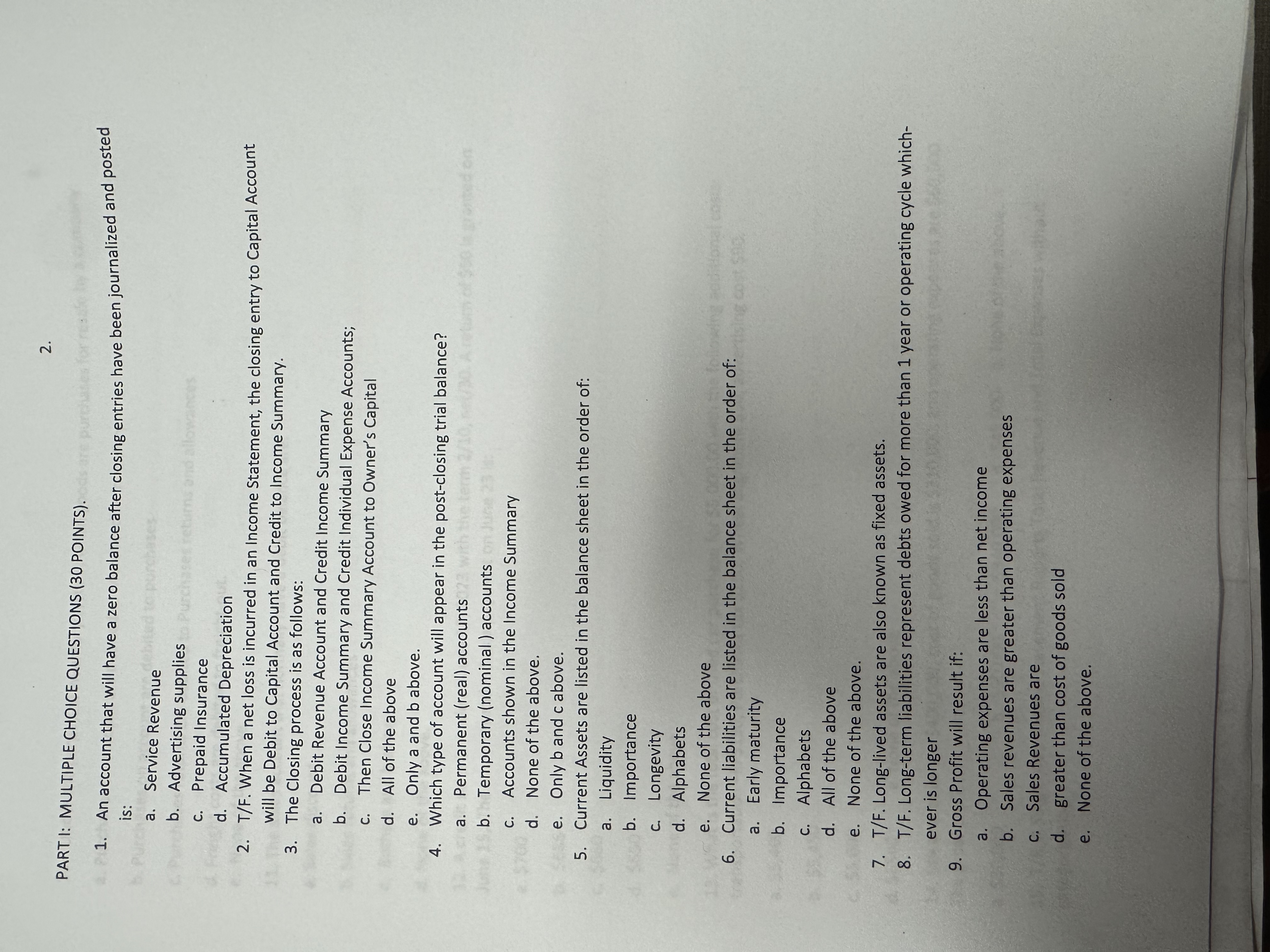 PART I: MULTIPLE CHOICE QUESTIONS ( 3 0 POINTS )