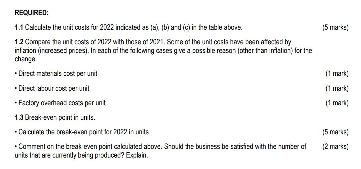 REQUIRED: 1 . 1 Calculate the unit costs for 2 0